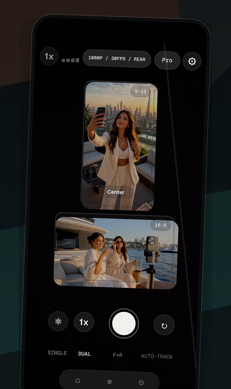 Nomad Camera in DUAL mode: the same take framed as a 9:16 portrait and a 16:9 landscape at once